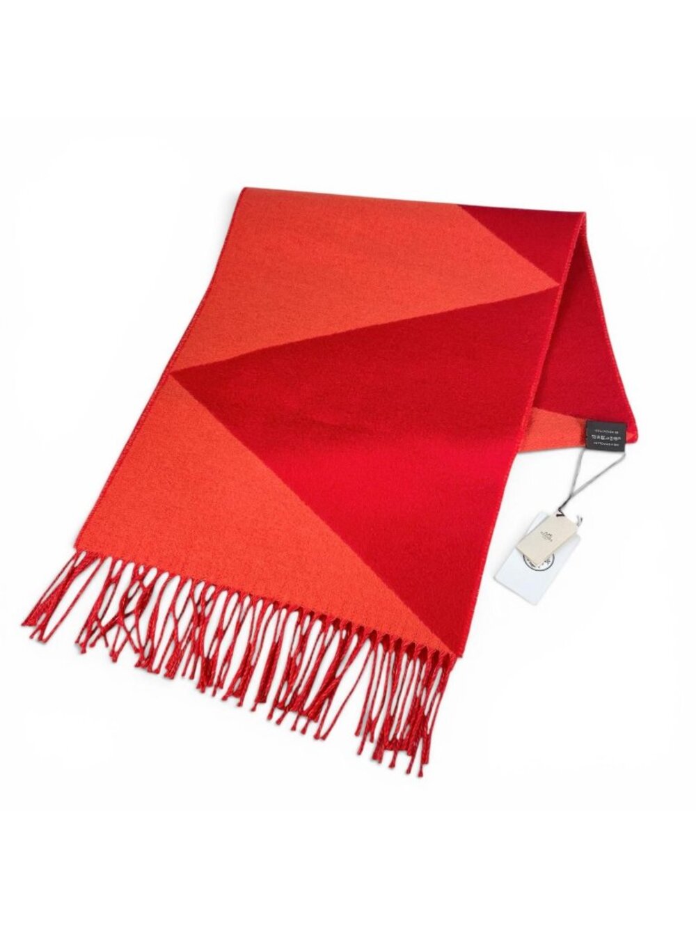 Hermes Cashmere 100% Casaque Zigzag Scarf with Fringe Red Orange